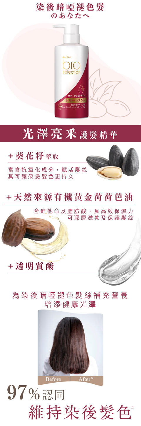 染後暗啞褪色髮, 染後護理, 鎖色護髮素, 護色護髮素, 鎖色洗頭水, 護髮素染髮, 染髮後護髮素, colour locking conditioner, color care conditioner, 葵花籽萃取, 光澤亮采護髮精華, 染燙髮色更持久, 天然來源有機黃金荷荷芭油, 為染後暗啞褪色髮絲補充營養 增添健康光澤, 染髮後 打理, 97%認同維持染後髮色