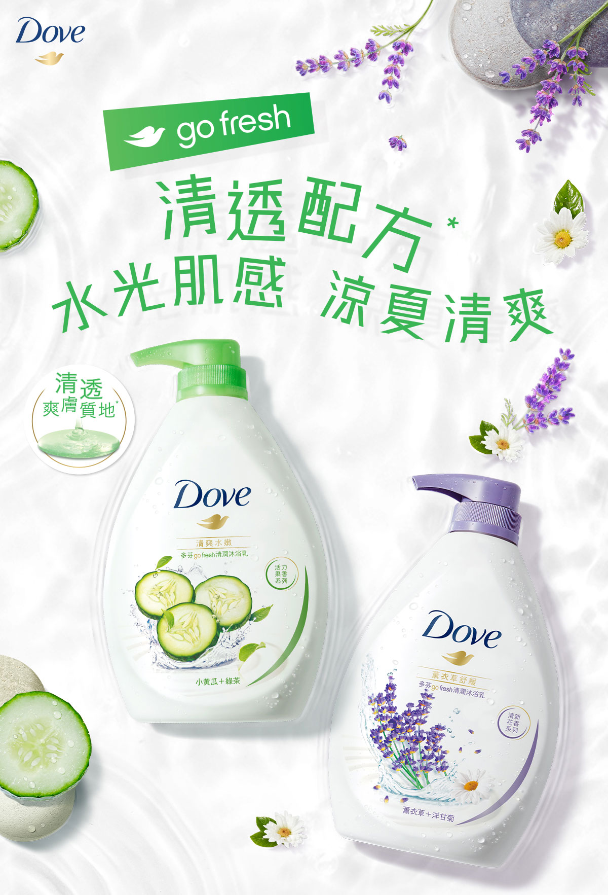 Dove Go Fresh 清透配方*，觸感輕盈，配合活力果香及清新花香，觸發涼夏清爽，喚醒水光肌感！*與前一代多芬款go fresh清潤沐浴乳相比更清透