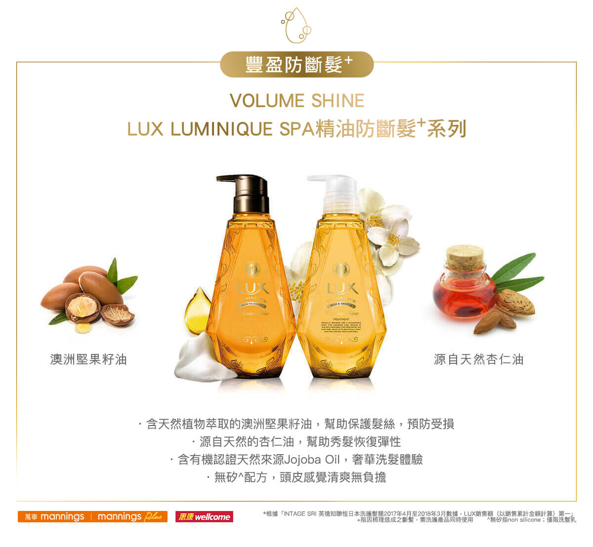Lux Luminique SPA, 洗頭水, 護髮, 精油防斷髮, 澳洲堅果籽油, 天然杏仁油, Volume Shine, 保護髮絲, 預防受損, 恢復彈性, 有機, 天然, 無矽, 清爽, 萬寧現金券, 惠康現金券