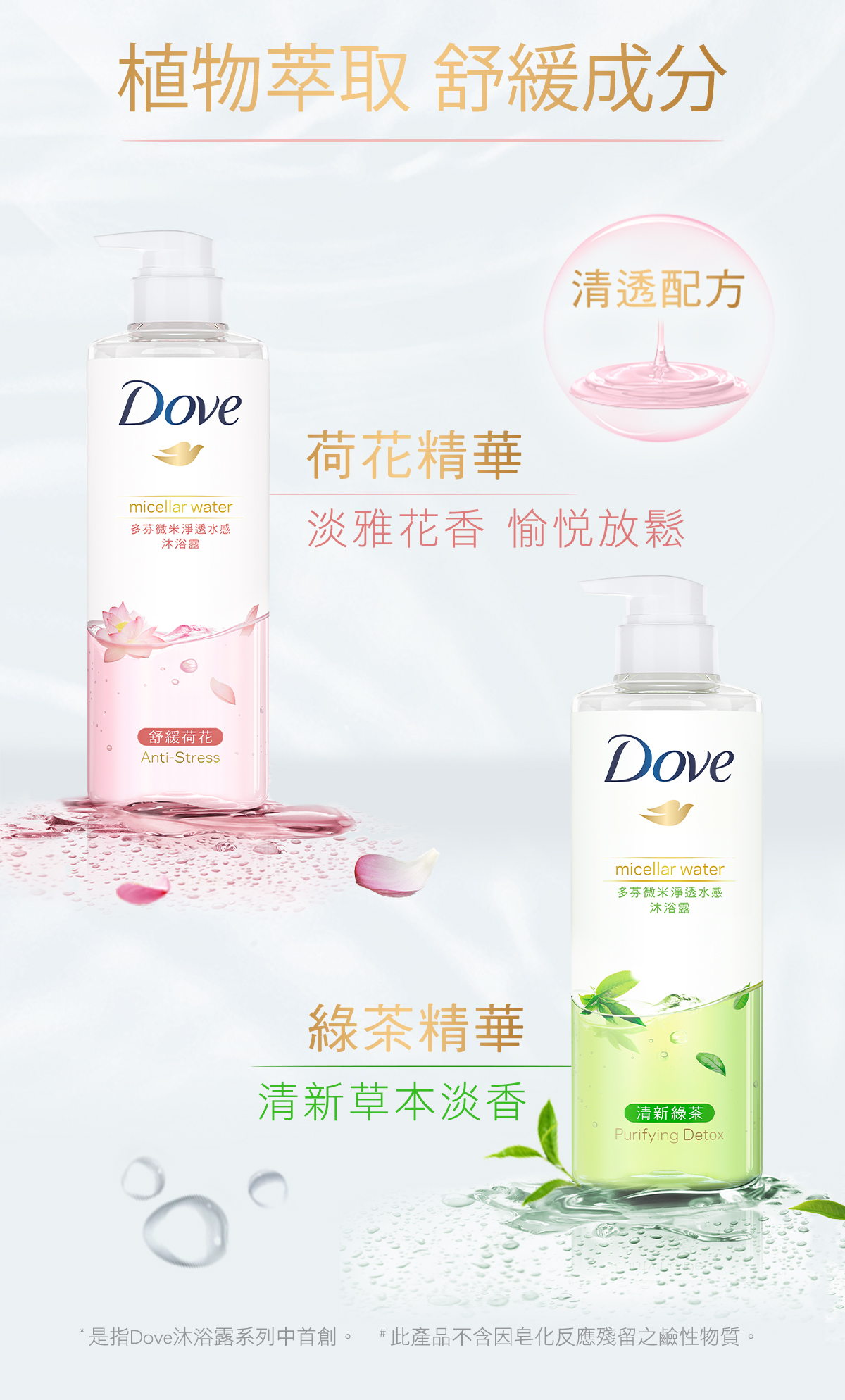 植物萃取 舒緩成分 清透配方
荷花精華 淡雅花香愉悅放鬆
綠茶精華 清新草本淡香